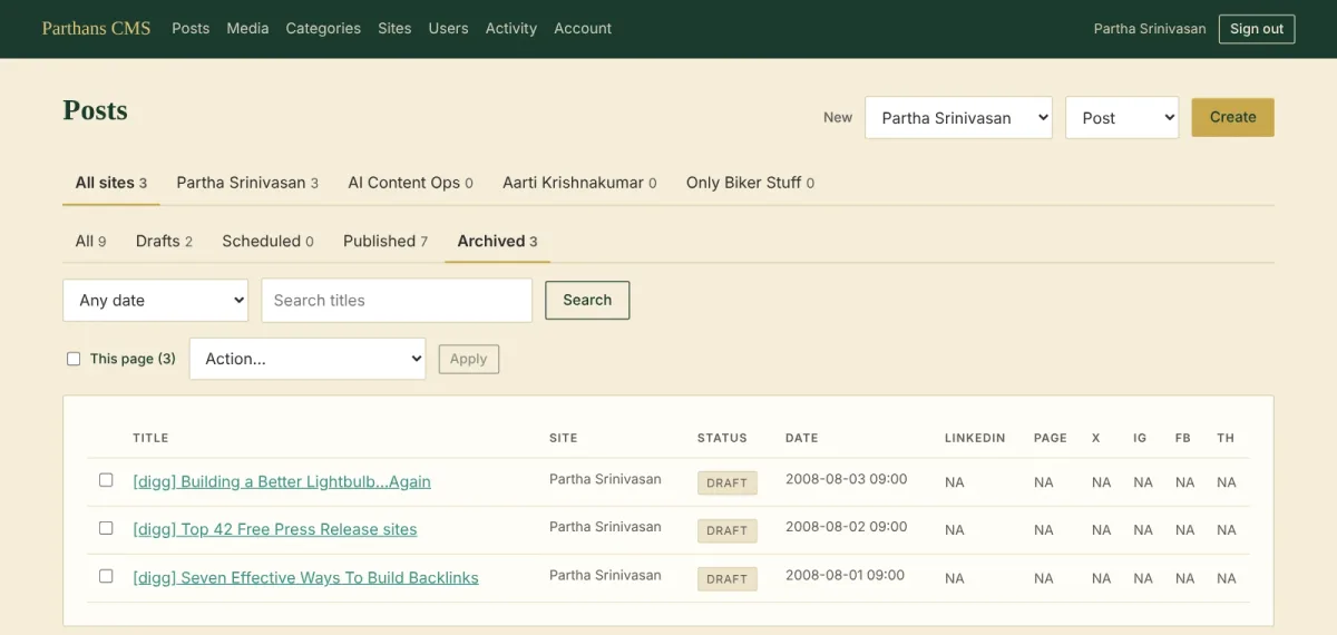 The Posts screen on its Archived tab, listing three old