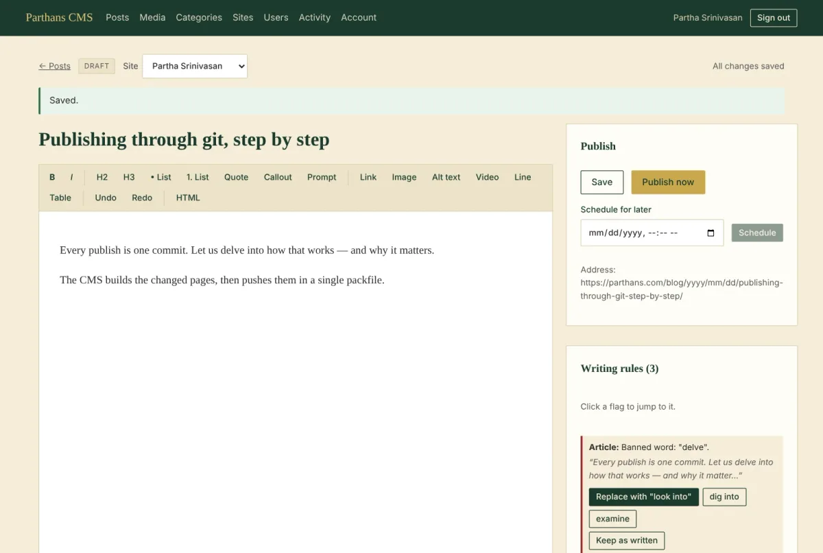 The post editor. A Google Docs style toolbar above the draft, and on the right the Publish panel and the writing rules check, which has flagged a banned word in the draft.