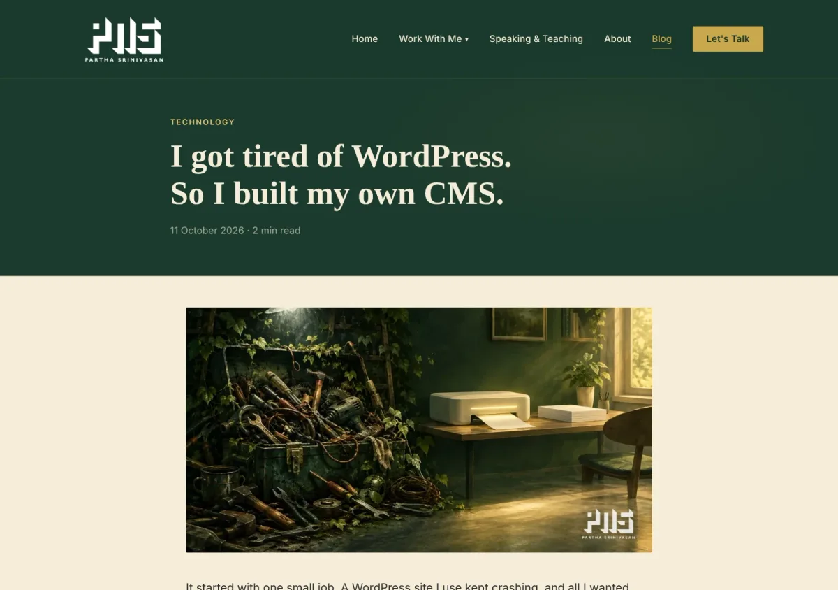 A published post on parthans.com, with the site's own header and menu, the category, title, date and featured image.