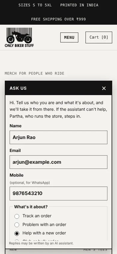 The chat box on a phone, open at the start form with a name, an email, an optional mobile number and the topic Help with a new order selected